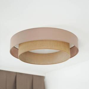 LED stropné svietidlo Luneta, juta, hnedá farba, Ø 60 cm, 3-stupňové stmievanie