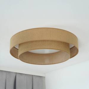 LED stropné svietidlo Luneta, juta, hnedá farba, Ø 60 cm, 3-stupňové stmievanie